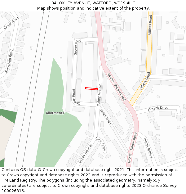 34, OXHEY AVENUE, WATFORD, WD19 4HG: Location map and indicative extent of plot
