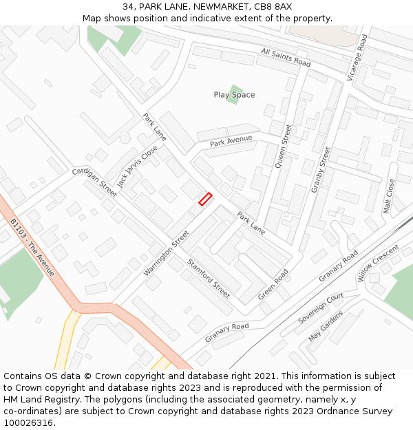 34, PARK LANE, NEWMARKET, CB8 8AX: Location map and indicative extent of plot