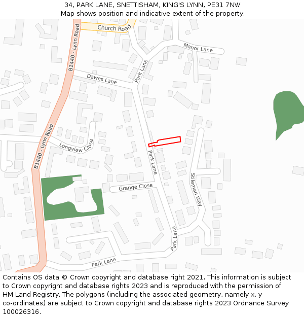 34, PARK LANE, SNETTISHAM, KING'S LYNN, PE31 7NW: Location map and indicative extent of plot