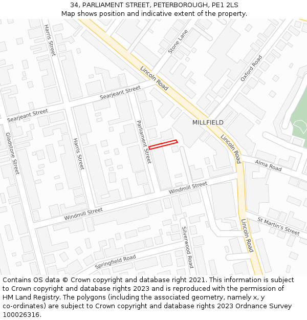34, PARLIAMENT STREET, PETERBOROUGH, PE1 2LS: Location map and indicative extent of plot