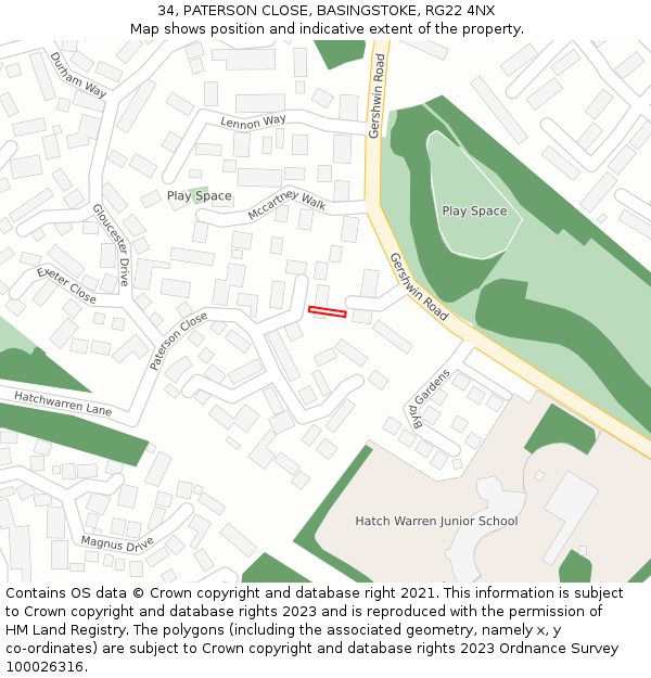 34, PATERSON CLOSE, BASINGSTOKE, RG22 4NX: Location map and indicative extent of plot