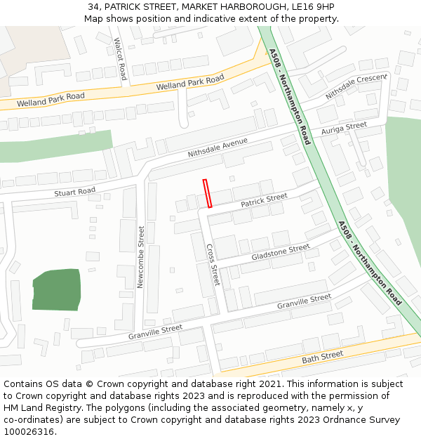 34, PATRICK STREET, MARKET HARBOROUGH, LE16 9HP: Location map and indicative extent of plot