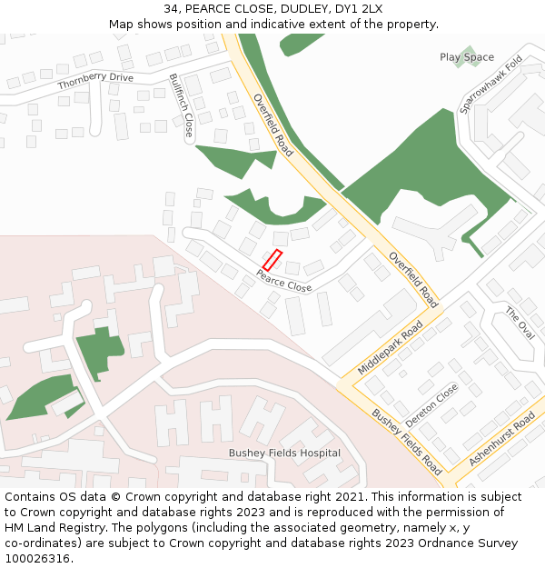 34, PEARCE CLOSE, DUDLEY, DY1 2LX: Location map and indicative extent of plot