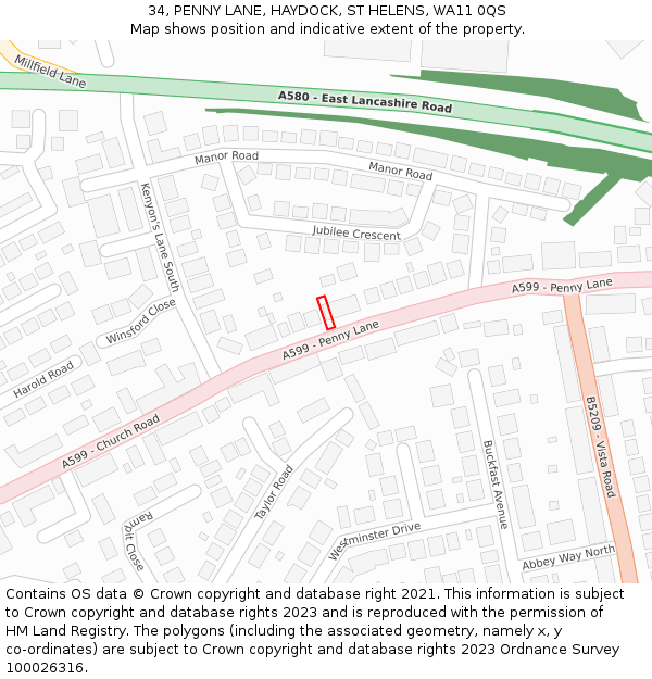 34, PENNY LANE, HAYDOCK, ST HELENS, WA11 0QS: Location map and indicative extent of plot