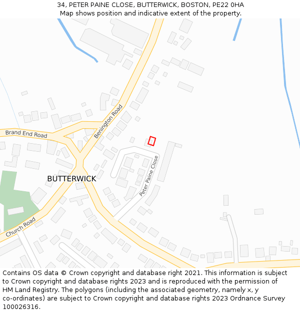 34, PETER PAINE CLOSE, BUTTERWICK, BOSTON, PE22 0HA: Location map and indicative extent of plot