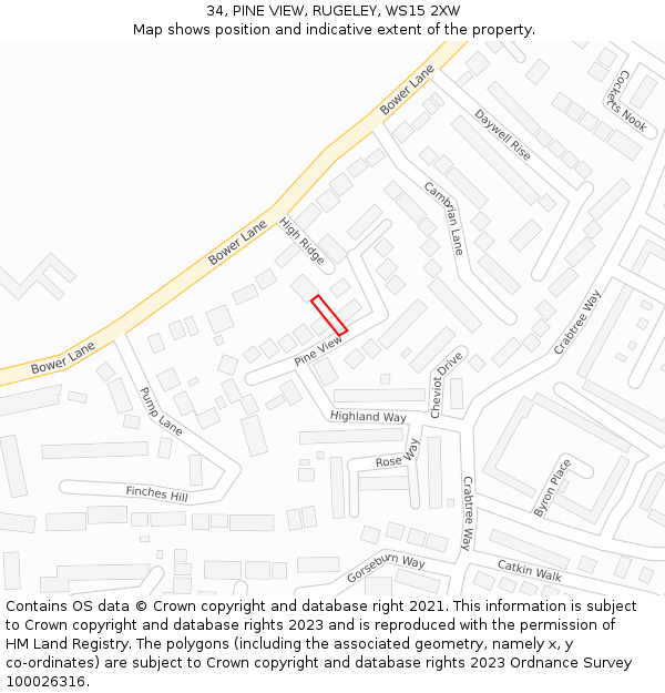 34, PINE VIEW, RUGELEY, WS15 2XW: Location map and indicative extent of plot