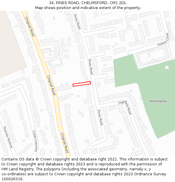 34, PINES ROAD, CHELMSFORD, CM1 2DL: Location map and indicative extent of plot