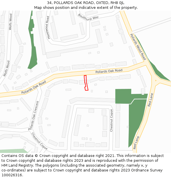 34, POLLARDS OAK ROAD, OXTED, RH8 0JL: Location map and indicative extent of plot