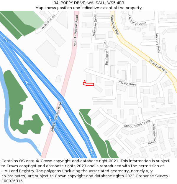 34, POPPY DRIVE, WALSALL, WS5 4RB: Location map and indicative extent of plot