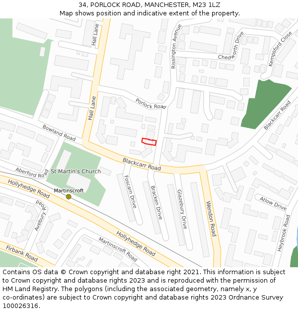 34, PORLOCK ROAD, MANCHESTER, M23 1LZ: Location map and indicative extent of plot