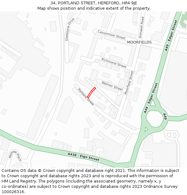 34, PORTLAND STREET, HEREFORD, HR4 9JE: Location map and indicative extent of plot