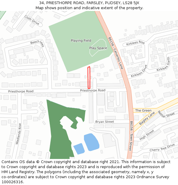 34, PRIESTHORPE ROAD, FARSLEY, PUDSEY, LS28 5JX: Location map and indicative extent of plot