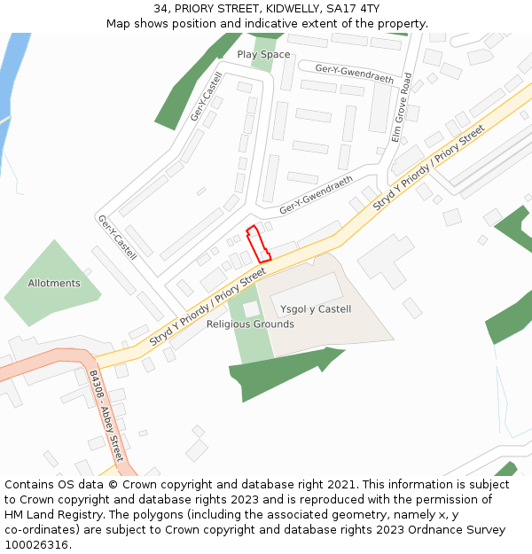 34, PRIORY STREET, KIDWELLY, SA17 4TY: Location map and indicative extent of plot