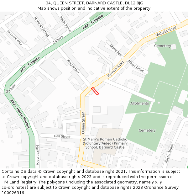 34, QUEEN STREET, BARNARD CASTLE, DL12 8JG: Location map and indicative extent of plot