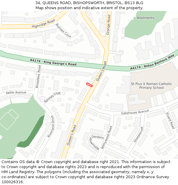 34, QUEENS ROAD, BISHOPSWORTH, BRISTOL, BS13 8LG: Location map and indicative extent of plot