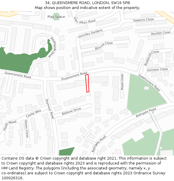 34, QUEENSMERE ROAD, LONDON, SW19 5PB: Location map and indicative extent of plot