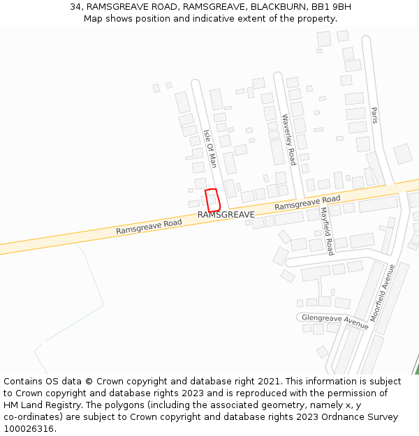 34, RAMSGREAVE ROAD, RAMSGREAVE, BLACKBURN, BB1 9BH: Location map and indicative extent of plot