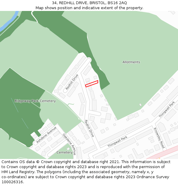 34, REDHILL DRIVE, BRISTOL, BS16 2AQ: Location map and indicative extent of plot