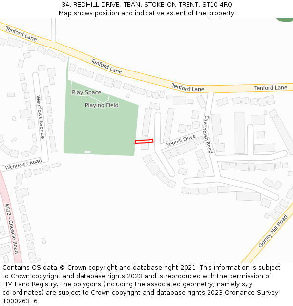 34, REDHILL DRIVE, TEAN, STOKE-ON-TRENT, ST10 4RQ: Location map and indicative extent of plot