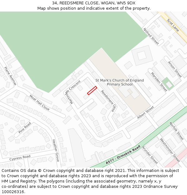 34, REEDSMERE CLOSE, WIGAN, WN5 9DX: Location map and indicative extent of plot