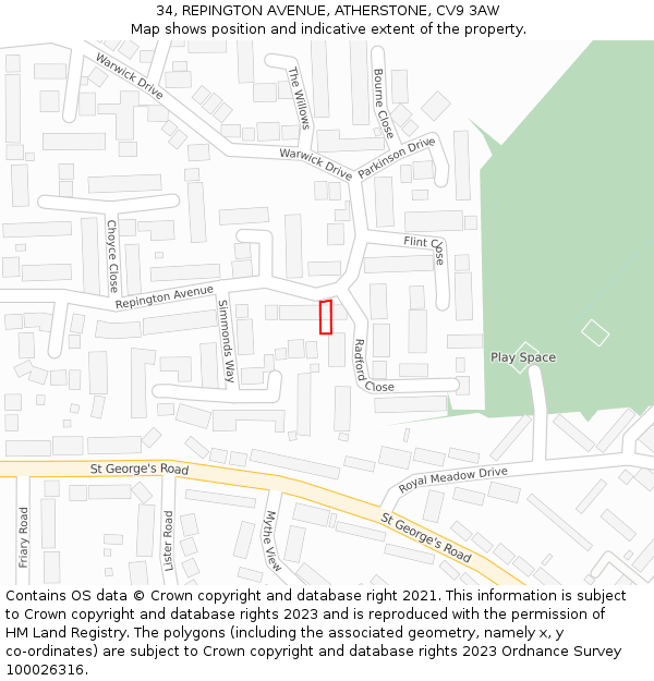 34, REPINGTON AVENUE, ATHERSTONE, CV9 3AW: Location map and indicative extent of plot