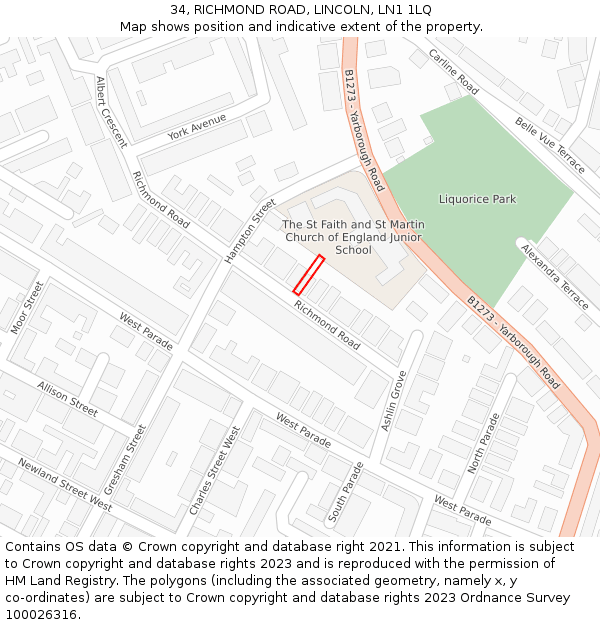 34, RICHMOND ROAD, LINCOLN, LN1 1LQ: Location map and indicative extent of plot
