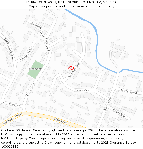 34, RIVERSIDE WALK, BOTTESFORD, NOTTINGHAM, NG13 0AT: Location map and indicative extent of plot