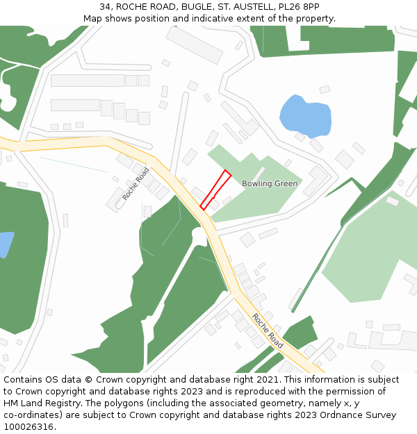 34, ROCHE ROAD, BUGLE, ST. AUSTELL, PL26 8PP: Location map and indicative extent of plot