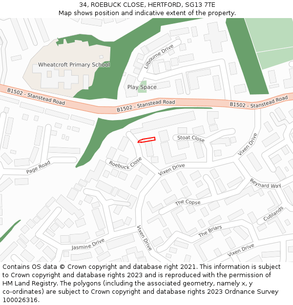 34, ROEBUCK CLOSE, HERTFORD, SG13 7TE: Location map and indicative extent of plot