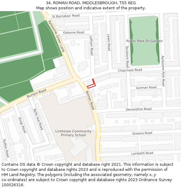 34, ROMAN ROAD, MIDDLESBROUGH, TS5 6EG: Location map and indicative extent of plot