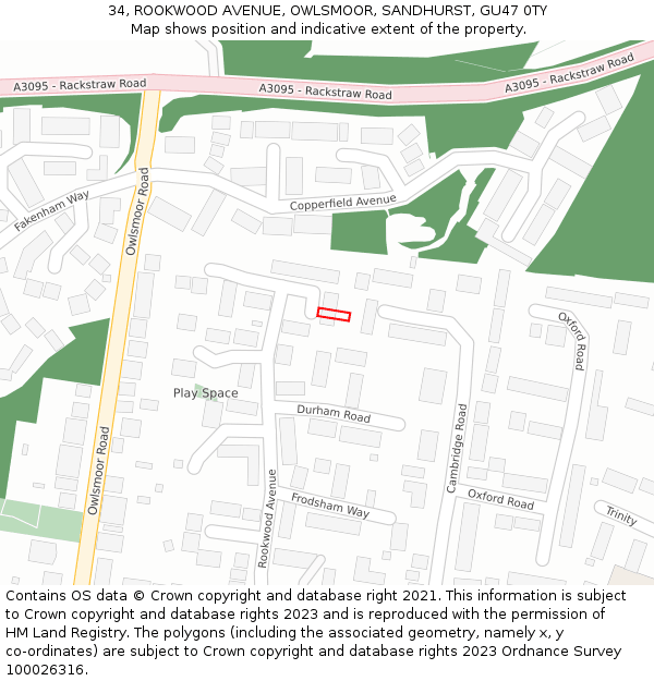 34, ROOKWOOD AVENUE, OWLSMOOR, SANDHURST, GU47 0TY: Location map and indicative extent of plot