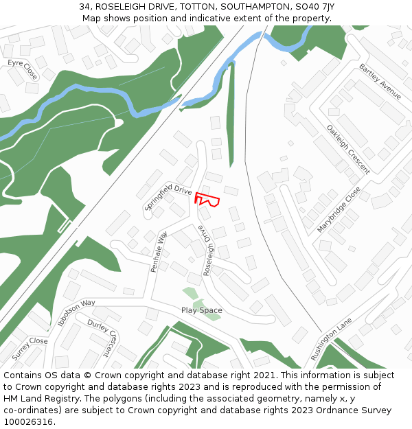 34, ROSELEIGH DRIVE, TOTTON, SOUTHAMPTON, SO40 7JY: Location map and indicative extent of plot