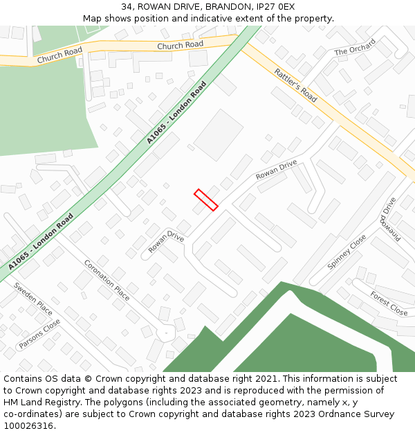 34, ROWAN DRIVE, BRANDON, IP27 0EX: Location map and indicative extent of plot