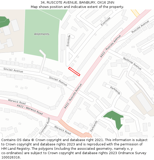 34, RUSCOTE AVENUE, BANBURY, OX16 2NN: Location map and indicative extent of plot
