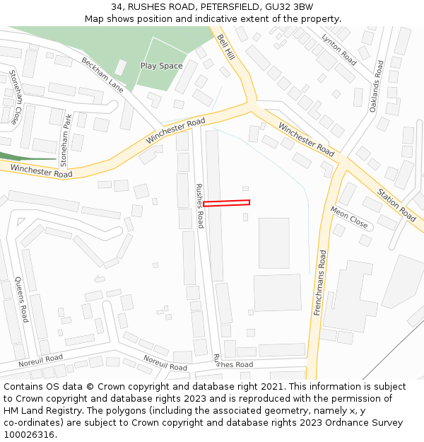 34, RUSHES ROAD, PETERSFIELD, GU32 3BW: Location map and indicative extent of plot