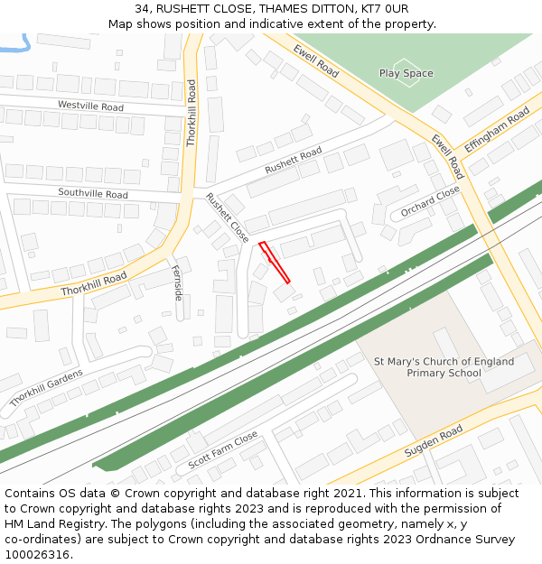 34, RUSHETT CLOSE, THAMES DITTON, KT7 0UR: Location map and indicative extent of plot