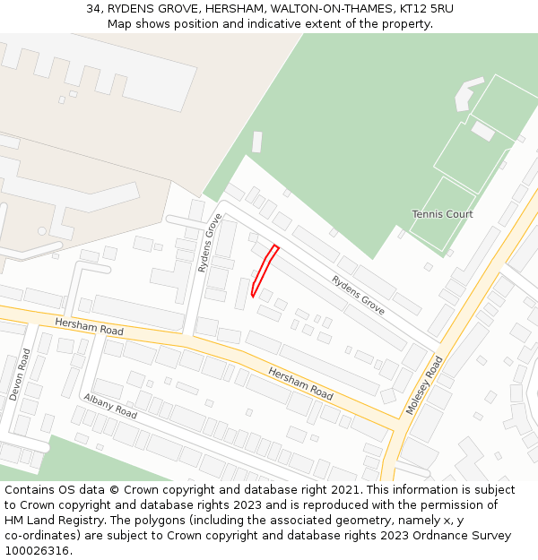 34, RYDENS GROVE, HERSHAM, WALTON-ON-THAMES, KT12 5RU: Location map and indicative extent of plot