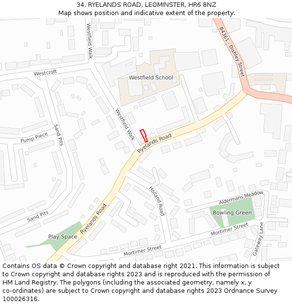 34, RYELANDS ROAD, LEOMINSTER, HR6 8NZ: Location map and indicative extent of plot