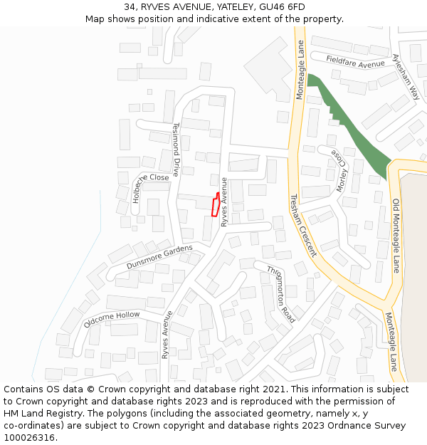 34, RYVES AVENUE, YATELEY, GU46 6FD: Location map and indicative extent of plot