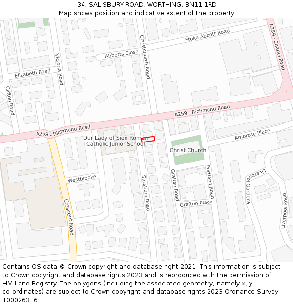 34, SALISBURY ROAD, WORTHING, BN11 1RD: Location map and indicative extent of plot