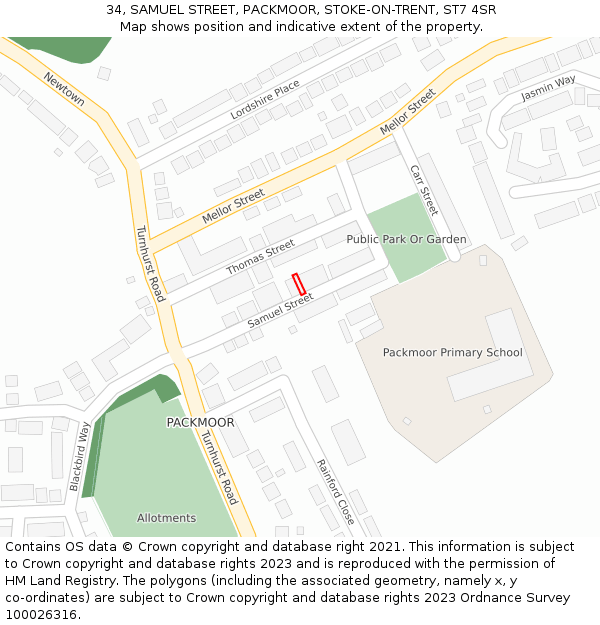 34, SAMUEL STREET, PACKMOOR, STOKE-ON-TRENT, ST7 4SR: Location map and indicative extent of plot