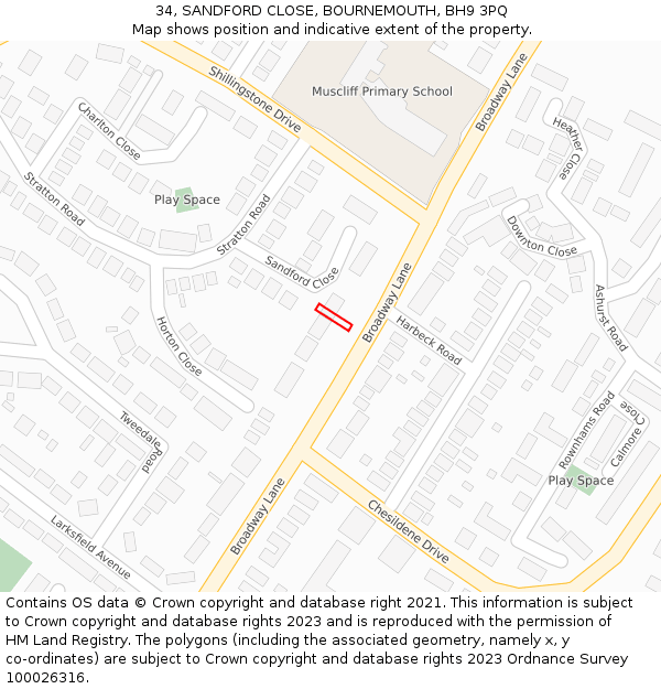 34, SANDFORD CLOSE, BOURNEMOUTH, BH9 3PQ: Location map and indicative extent of plot