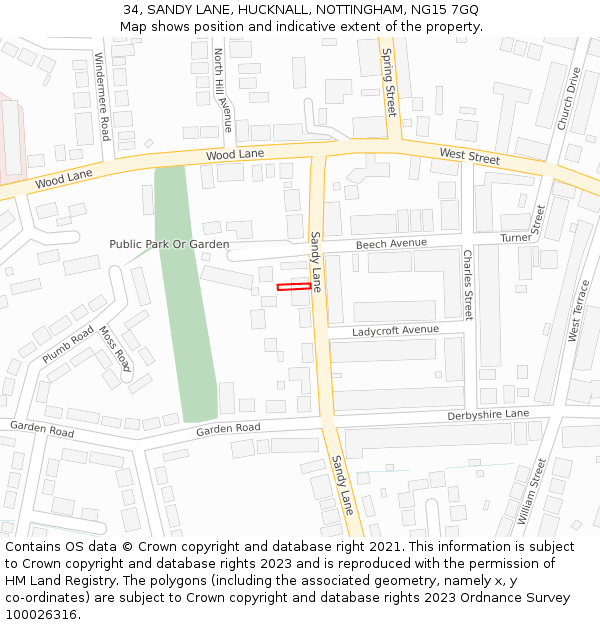 34, SANDY LANE, HUCKNALL, NOTTINGHAM, NG15 7GQ: Location map and indicative extent of plot