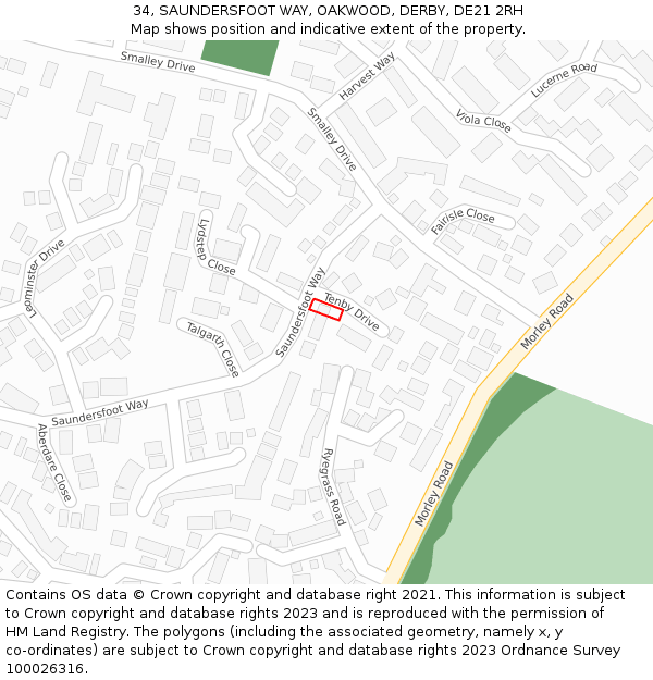 34, SAUNDERSFOOT WAY, OAKWOOD, DERBY, DE21 2RH: Location map and indicative extent of plot