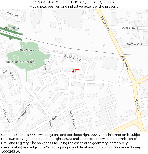 34, SAVILLE CLOSE, WELLINGTON, TELFORD, TF1 2DU: Location map and indicative extent of plot