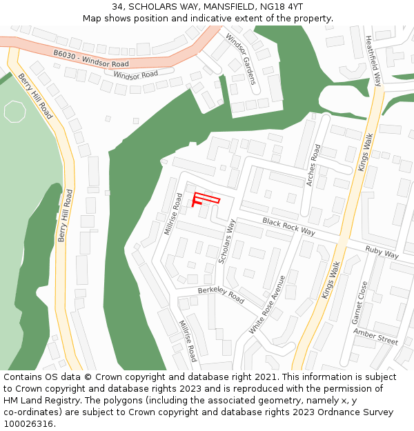 34, SCHOLARS WAY, MANSFIELD, NG18 4YT: Location map and indicative extent of plot