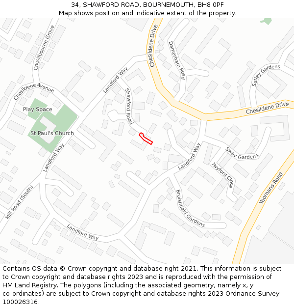 34, SHAWFORD ROAD, BOURNEMOUTH, BH8 0PF: Location map and indicative extent of plot