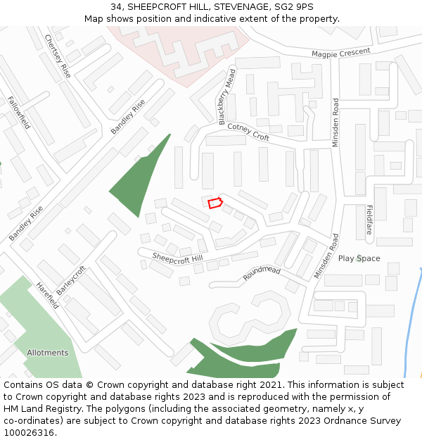 34, SHEEPCROFT HILL, STEVENAGE, SG2 9PS: Location map and indicative extent of plot