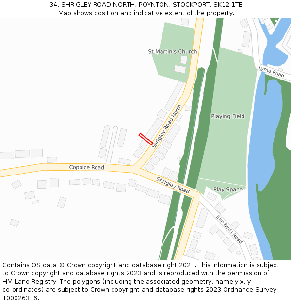 34, SHRIGLEY ROAD NORTH, POYNTON, STOCKPORT, SK12 1TE: Location map and indicative extent of plot