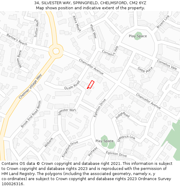 34, SILVESTER WAY, SPRINGFIELD, CHELMSFORD, CM2 6YZ: Location map and indicative extent of plot